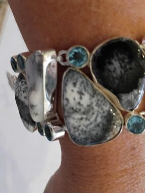 Dendritic Snowflake Agate& Blue Topaz Stones Bracelet So Beautiful & Unique!
